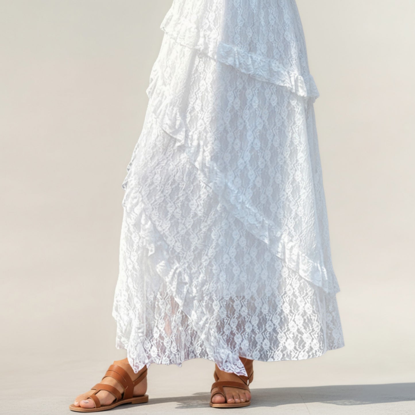High Waist Lace Maxi Skirt with Layered Ruffle Detail and Flowy A-Line Silhouette