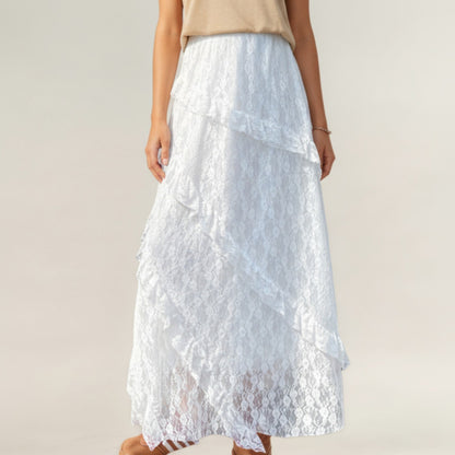 High Waist Lace Maxi Skirt with Layered Ruffle Detail and Flowy A-Line Silhouette