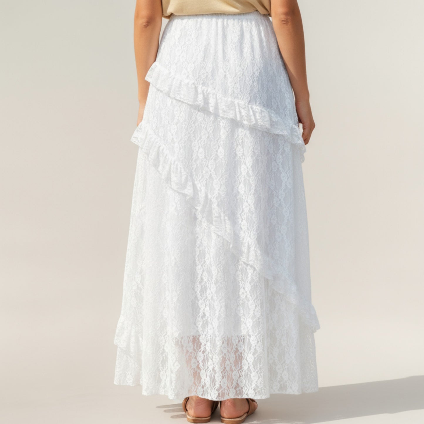 High Waist Lace Maxi Skirt with Layered Ruffle Detail and Flowy A-Line Silhouette
