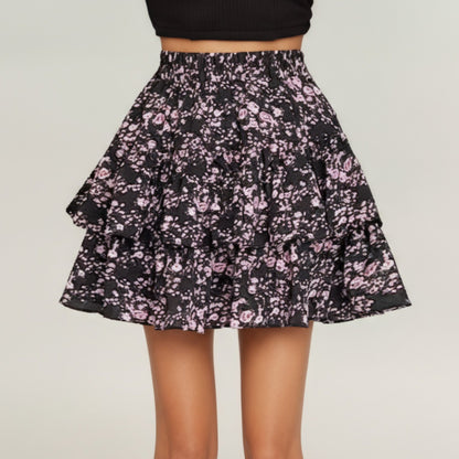 Floral Print Tiered Mini Skirt with Elastic Waist and Ruffled Layers
