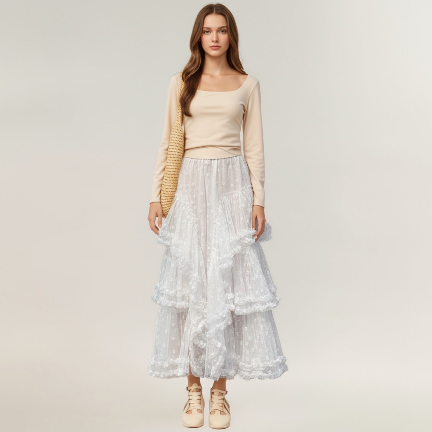 Tiered Lace Maxi Skirt with Sheer Floral Embroidery and Ruffled Hem Layers