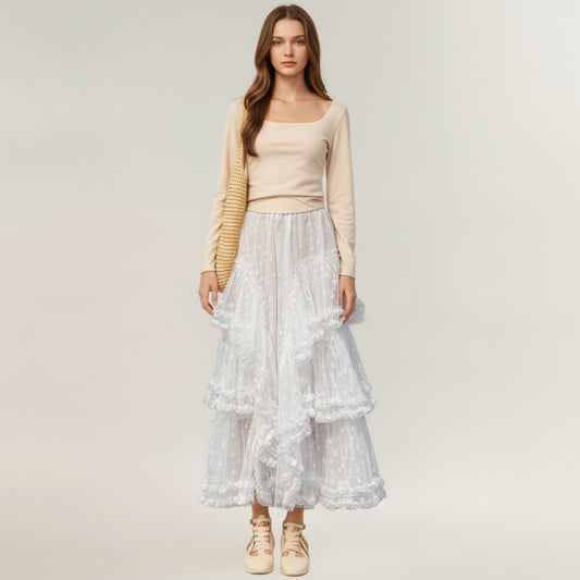 Tiered Lace Maxi Skirt with Sheer Floral Embroidery and Ruffled Hem Layers