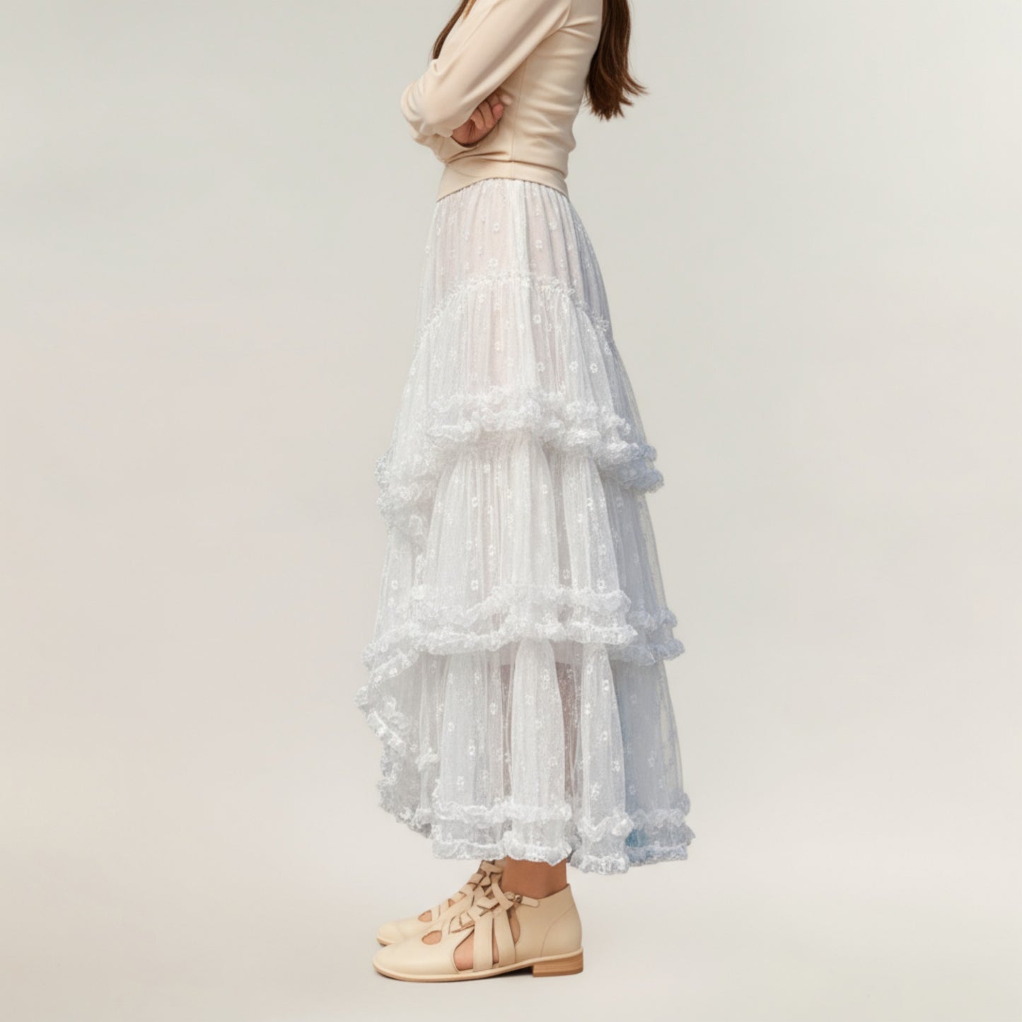 Tiered Lace Maxi Skirt with Sheer Floral Embroidery and Ruffled Hem Layers