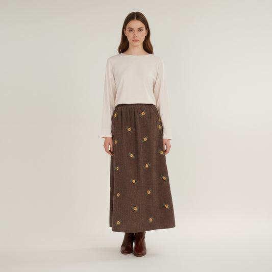 Embroidered Corduroy Maxi Skirt with Elastic Waist and Floral Stitch Detailing