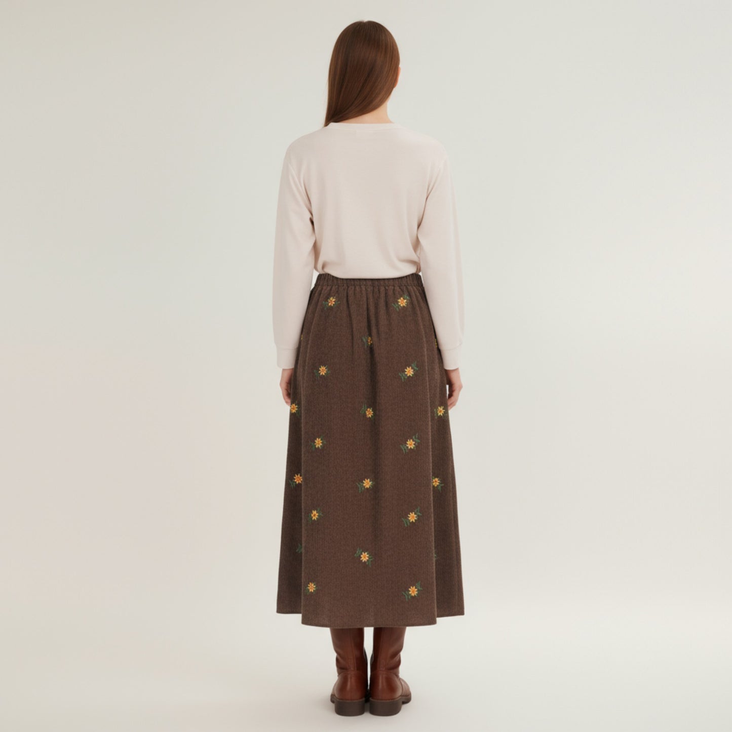 Embroidered Corduroy Maxi Skirt with Elastic Waist and Floral Stitch Detailing