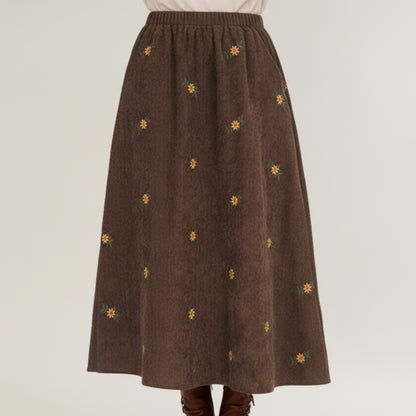 Embroidered Corduroy Maxi Skirt with Elastic Waist and Floral Stitch Detailing
