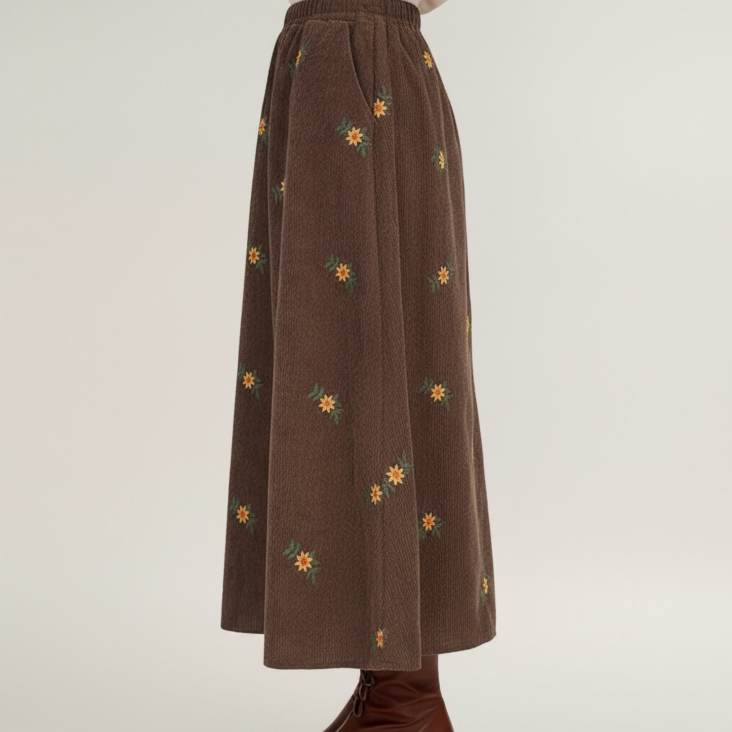 Embroidered Corduroy Maxi Skirt with Elastic Waist and Floral Stitch Detailing