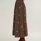 Embroidered Corduroy Maxi Skirt with Elastic Waist and Floral Stitch Detailing