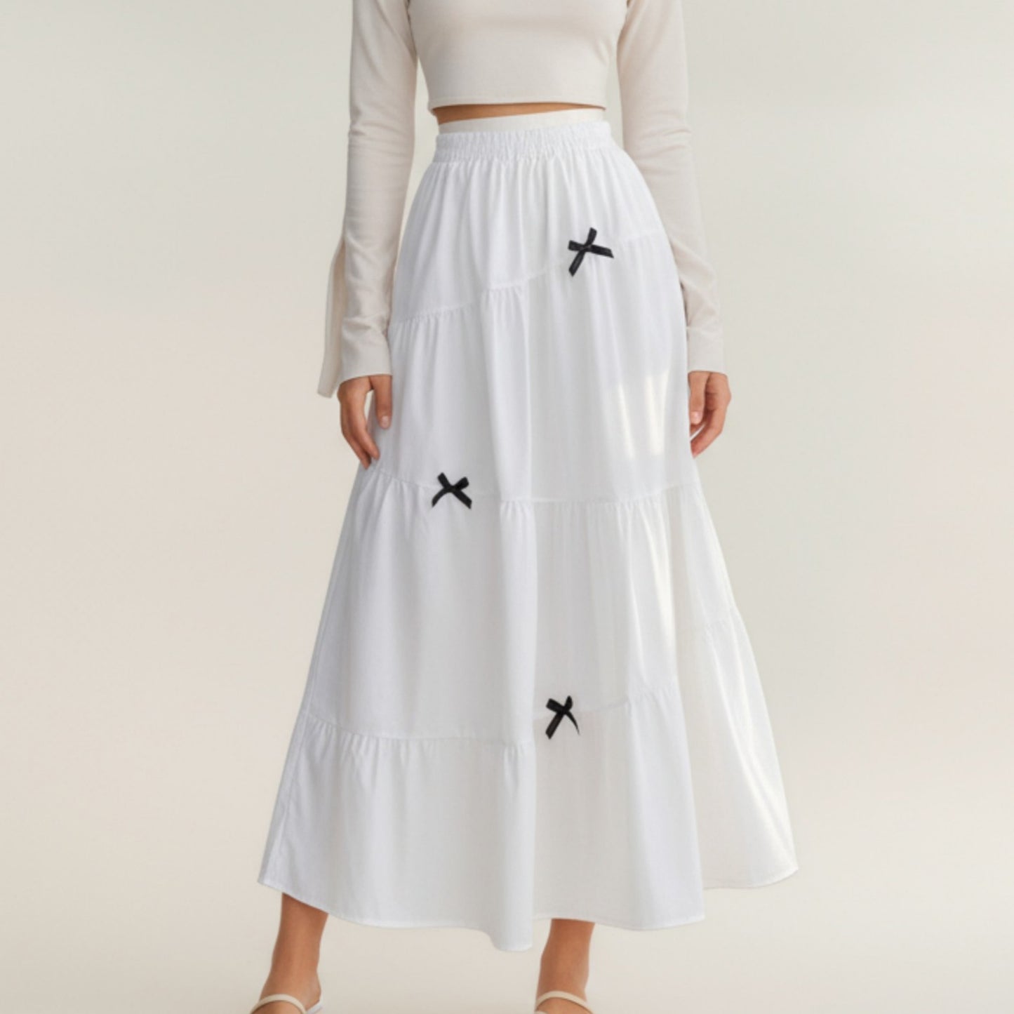 Tiered Maxi Skirt with Elastic Waist and Contrast Bow Accents