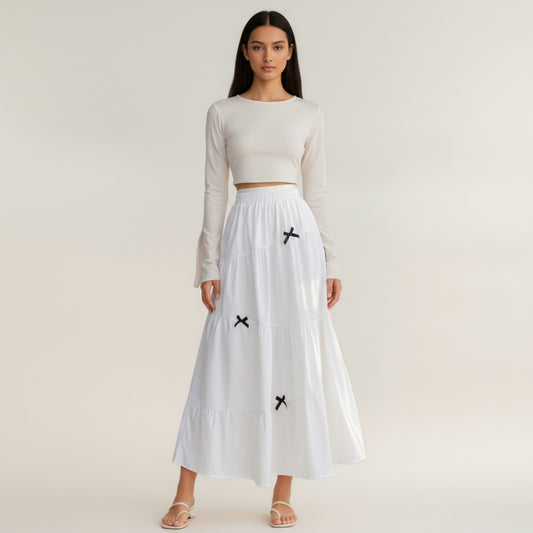 Tiered Maxi Skirt with Elastic Waist and Contrast Bow Accents