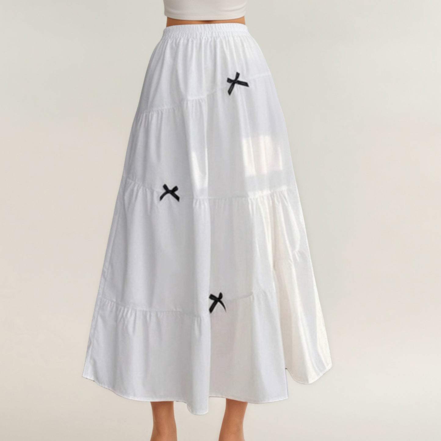 Tiered Maxi Skirt with Elastic Waist and Contrast Bow Accents