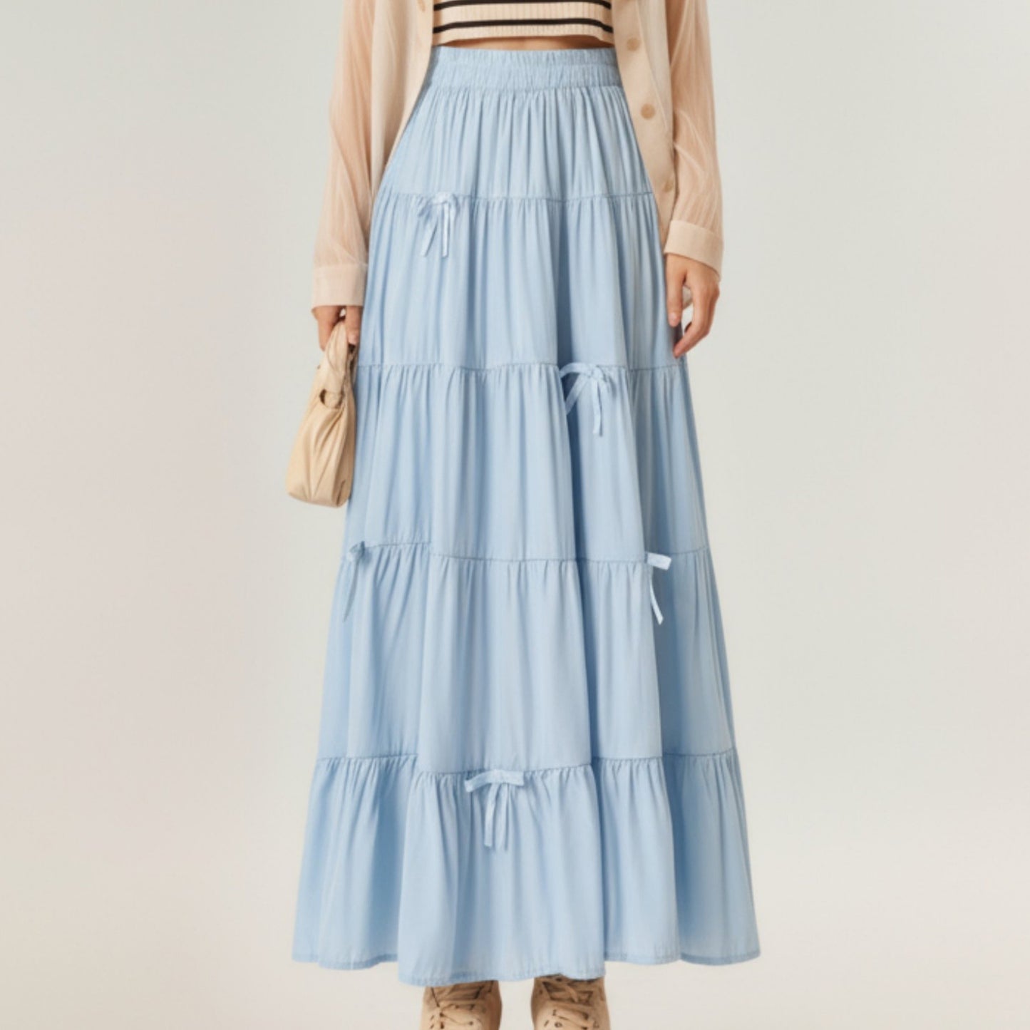 Tiered Maxi Skirt with Elastic Waist and Delicate Ribbon Tie Details
