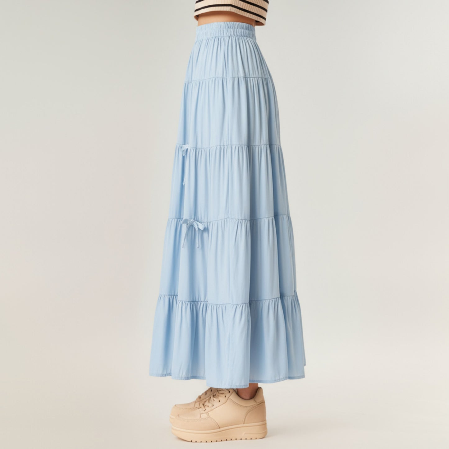 Tiered Maxi Skirt with Elastic Waist and Delicate Ribbon Tie Details