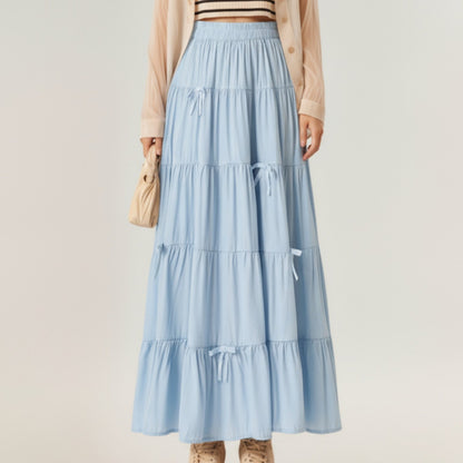 Tiered Maxi Skirt with Elastic Waist and Delicate Ribbon Tie Details