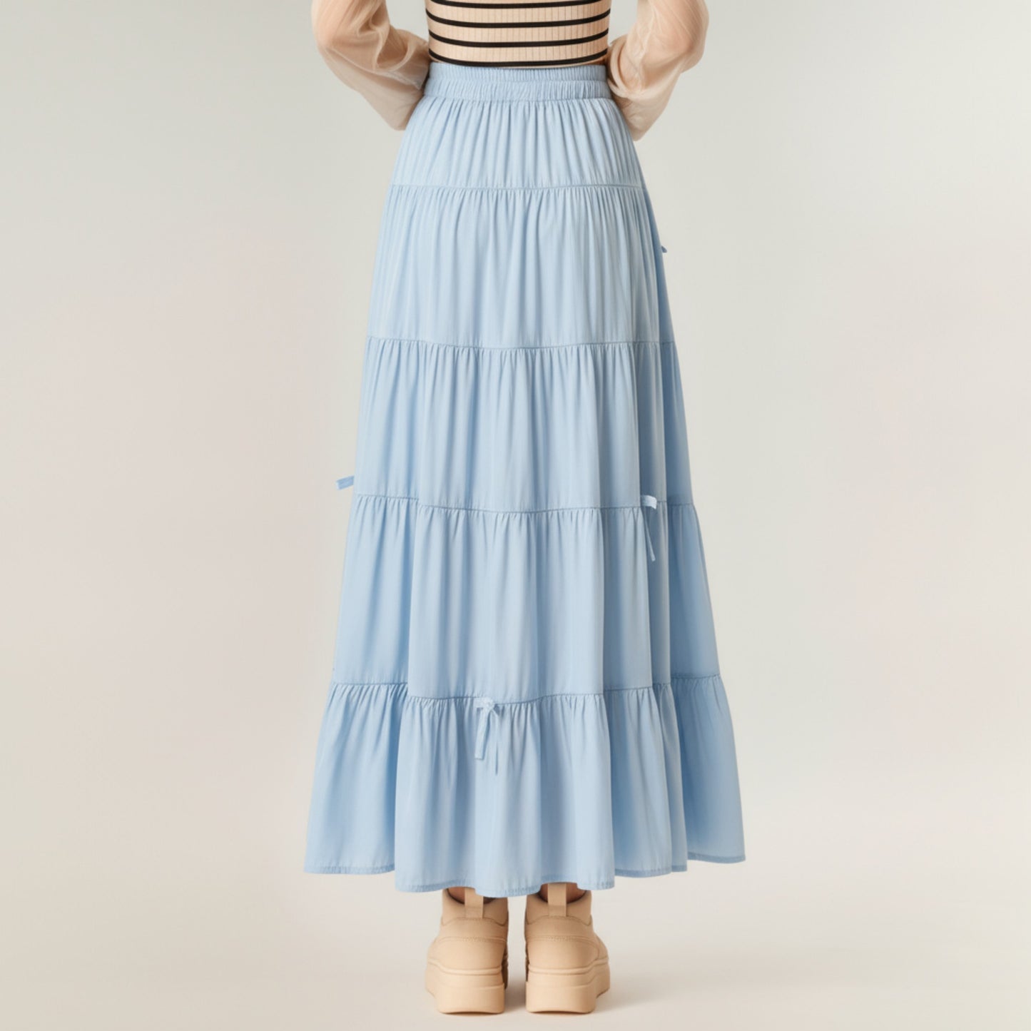 Tiered Maxi Skirt with Elastic Waist and Delicate Ribbon Tie Details