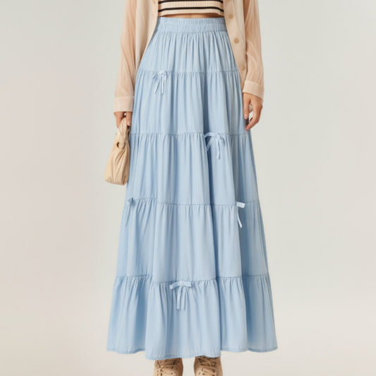 Tiered Maxi Skirt with Elastic Waist and Delicate Ribbon Tie Details