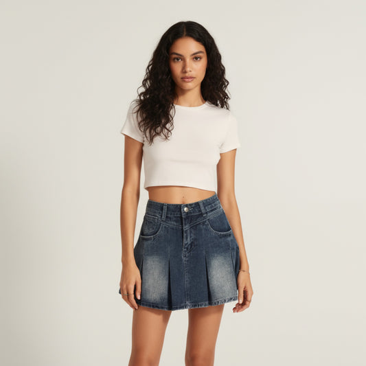 Pleated Denim Mini Skirt with Faded Wash and Front Pocket Details