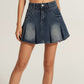 Pleated Denim Mini Skirt with Faded Wash and Front Pocket Details