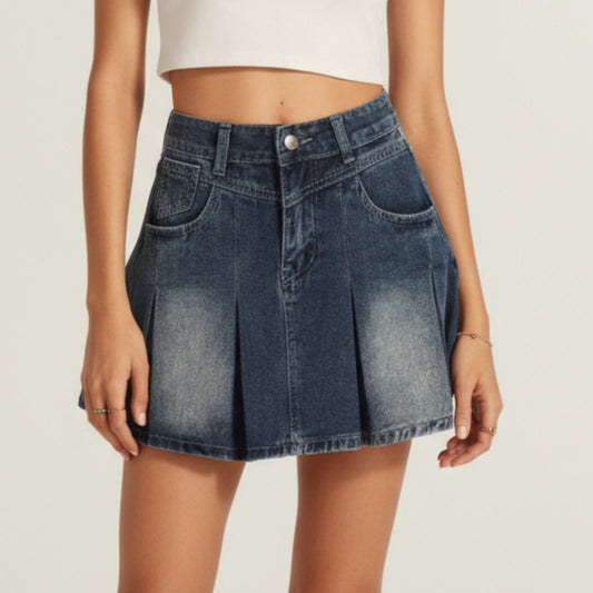Pleated Denim Mini Skirt with Faded Wash and Front Pocket Details