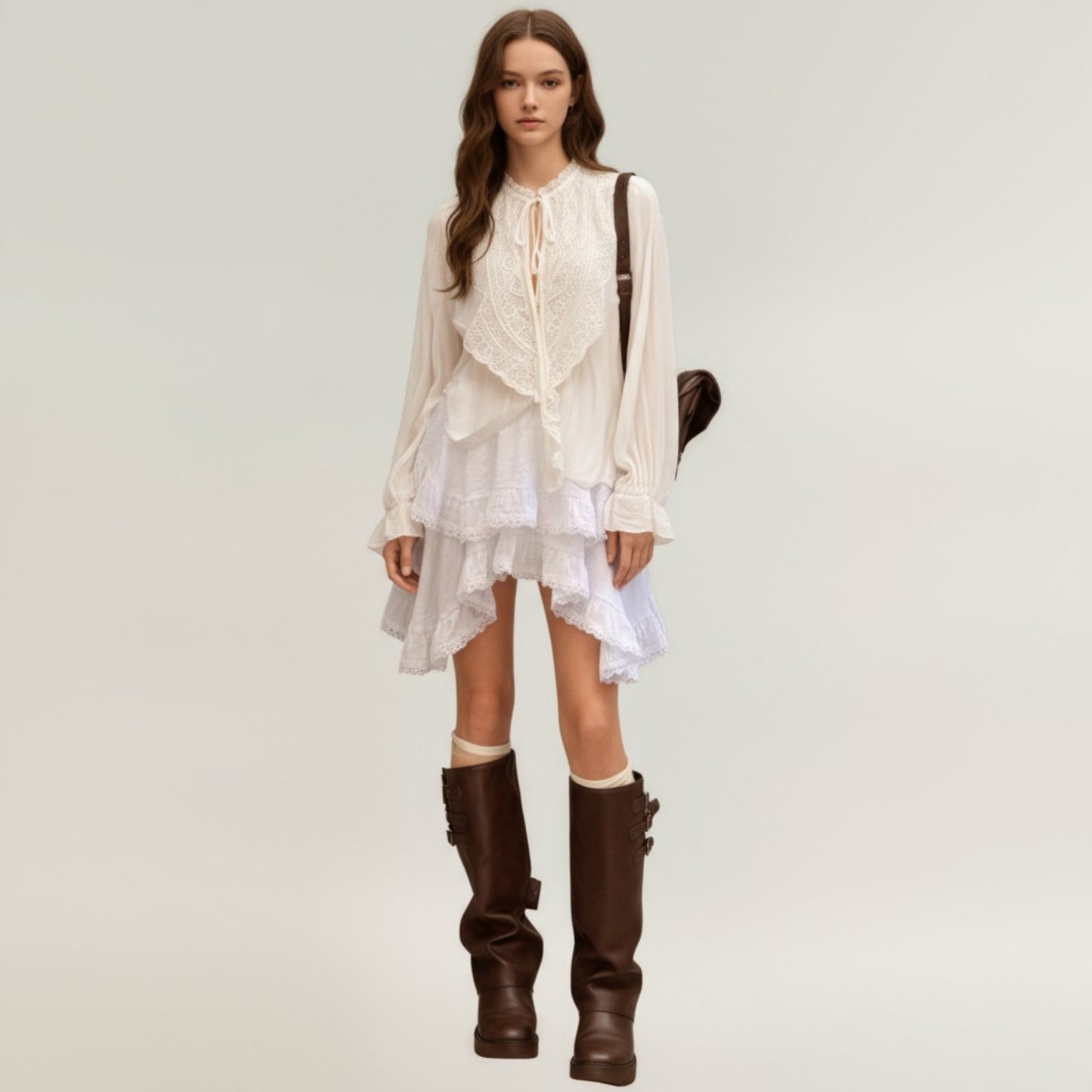 Tiered Ruffle Lace Hem Skirt with Asymmetrical Layers