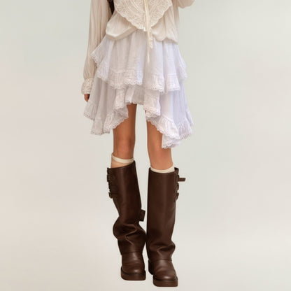 Tiered Ruffle Lace Hem Skirt with Asymmetrical Layers