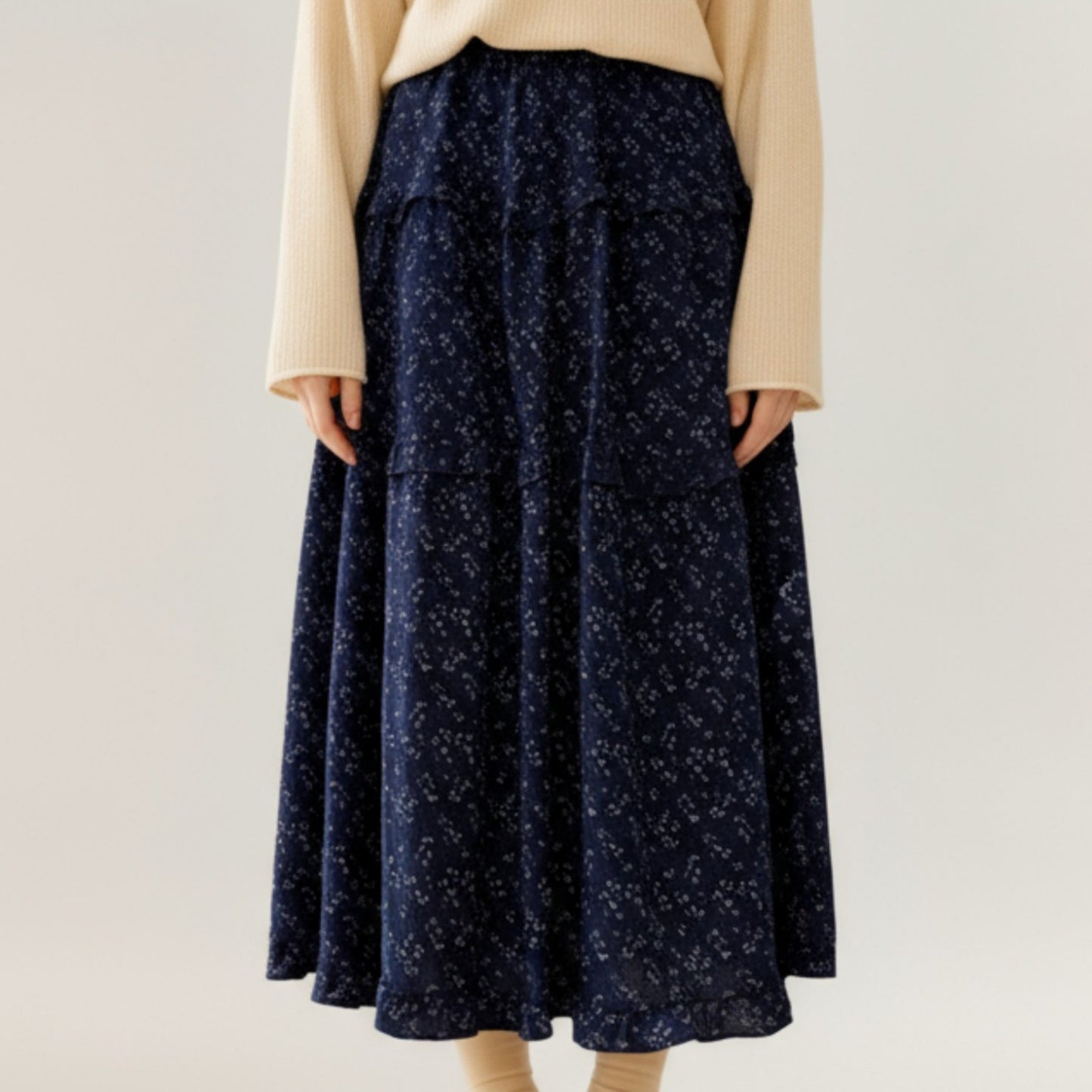 Tiered Floral Maxi Skirt with Elastic Waist and Flowy A-Line Silhouette