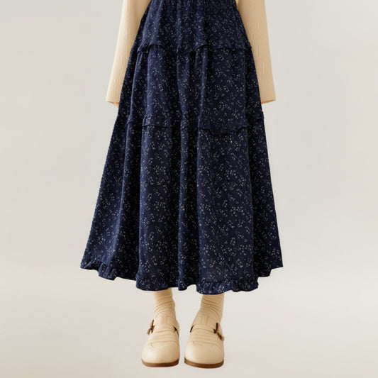 Tiered Floral Maxi Skirt with Elastic Waist and Flowy A-Line Silhouette