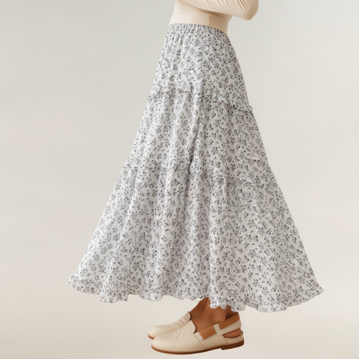 Tiered Floral Maxi Skirt with Elastic Waist and Flowy A-Line Silhouette