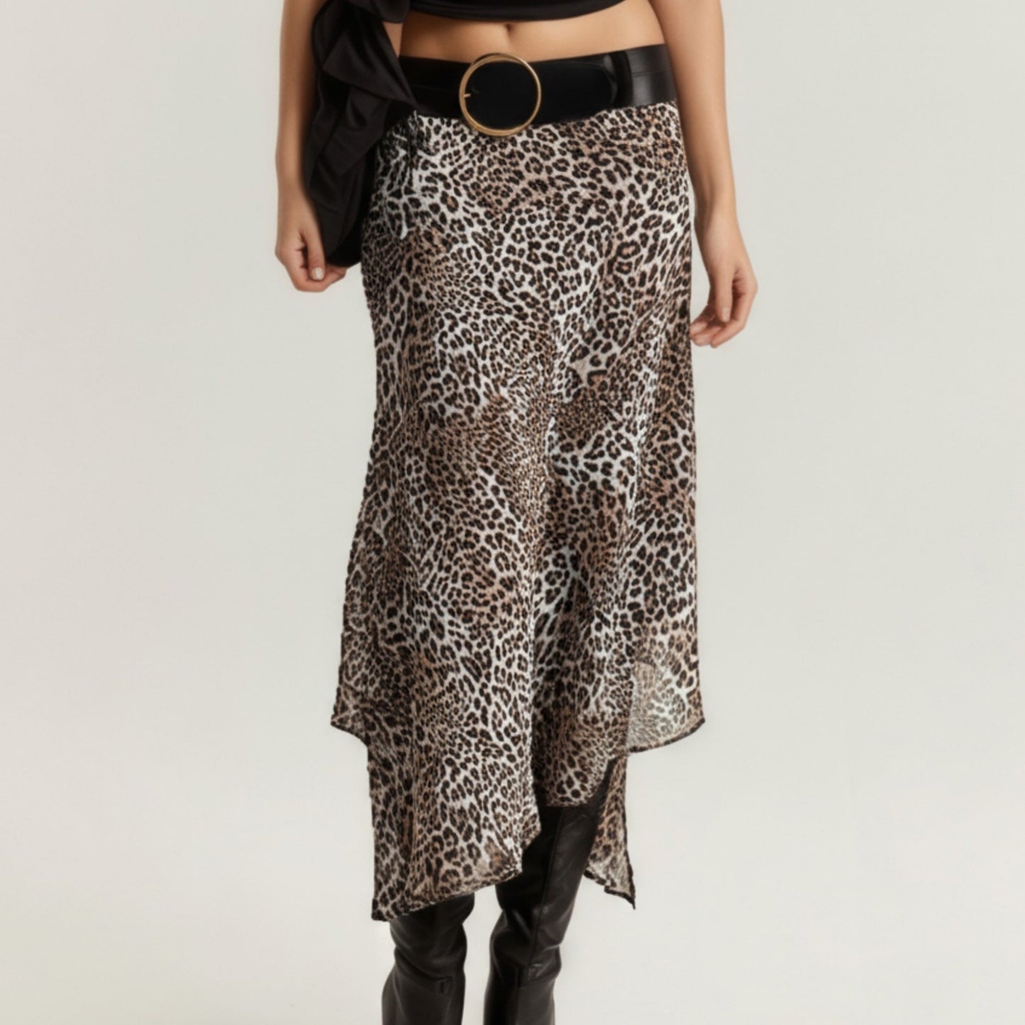 Leopard Print Midi Skirt with Asymmetrical Hem and Flowing Sheer Overlay