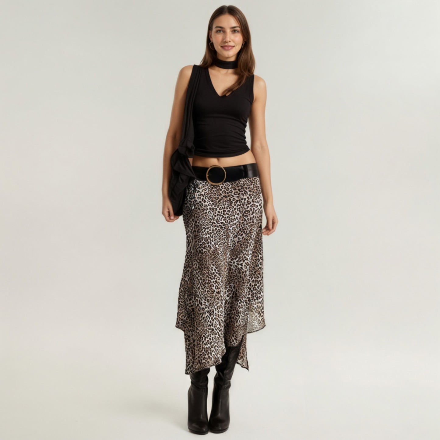 Leopard Print Midi Skirt with Asymmetrical Hem and Flowing Sheer Overlay
