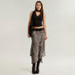 Leopard Print Midi Skirt with Asymmetrical Hem and Flowing Sheer Overlay