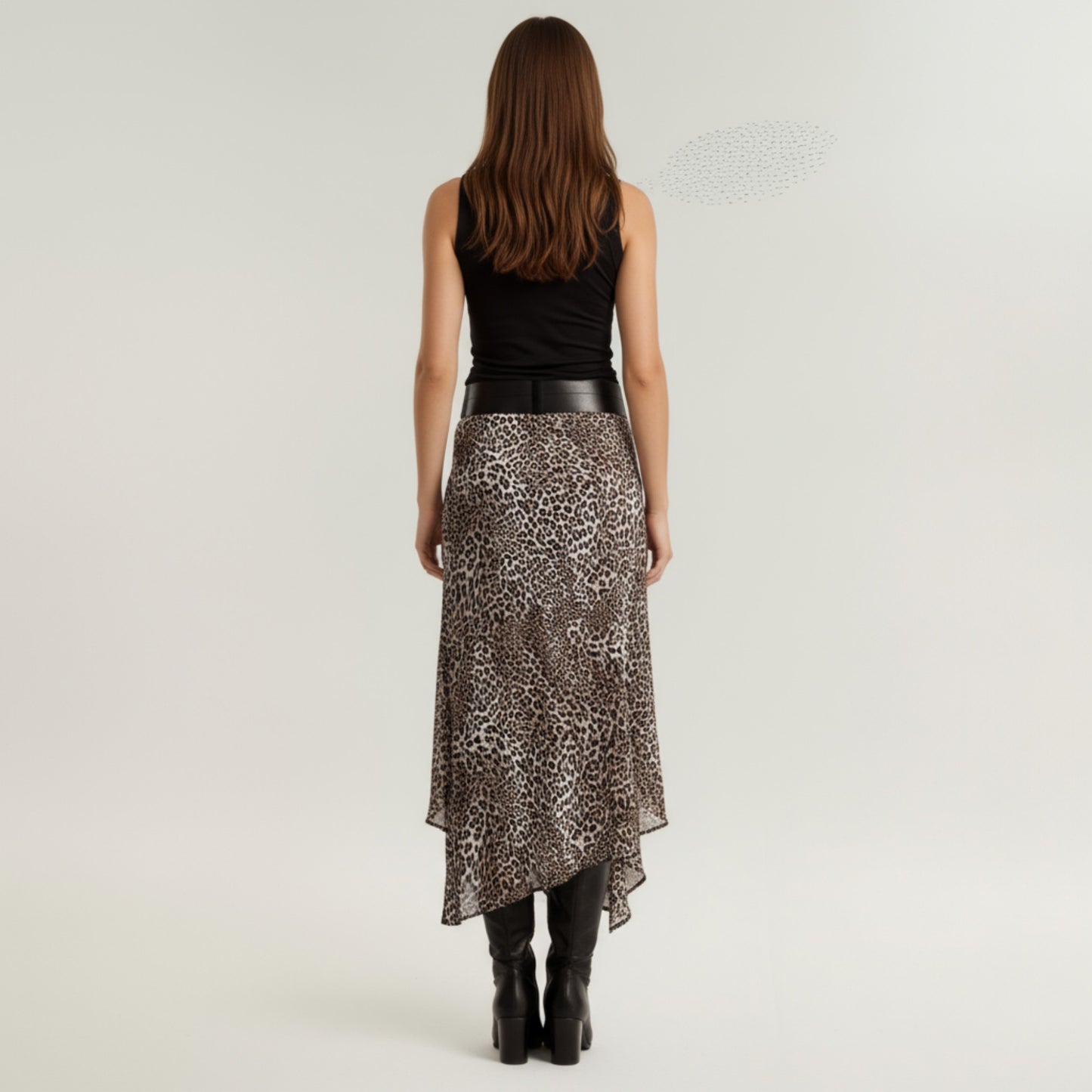 Leopard Print Midi Skirt with Asymmetrical Hem and Flowing Sheer Overlay