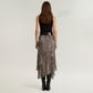 Leopard Print Midi Skirt with Asymmetrical Hem and Flowing Sheer Overlay