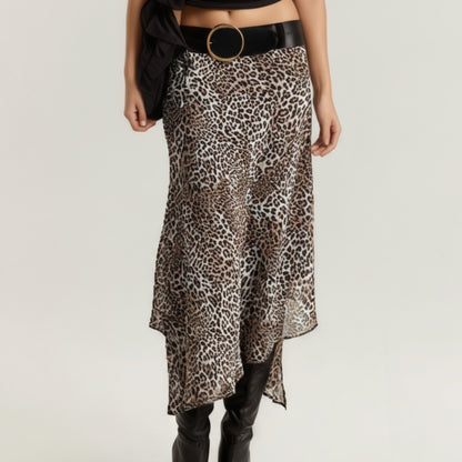 Leopard Print Midi Skirt with Asymmetrical Hem and Flowing Sheer Overlay