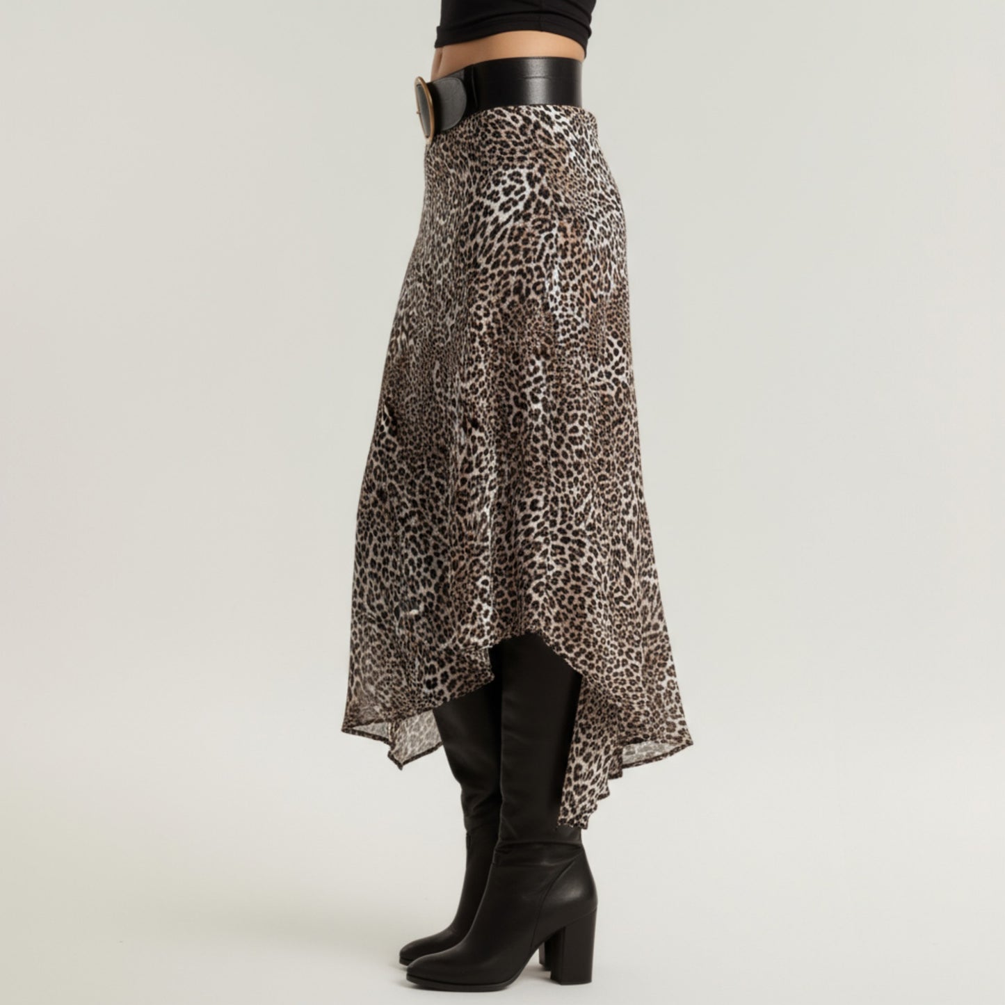 Leopard Print Midi Skirt with Asymmetrical Hem and Flowing Sheer Overlay