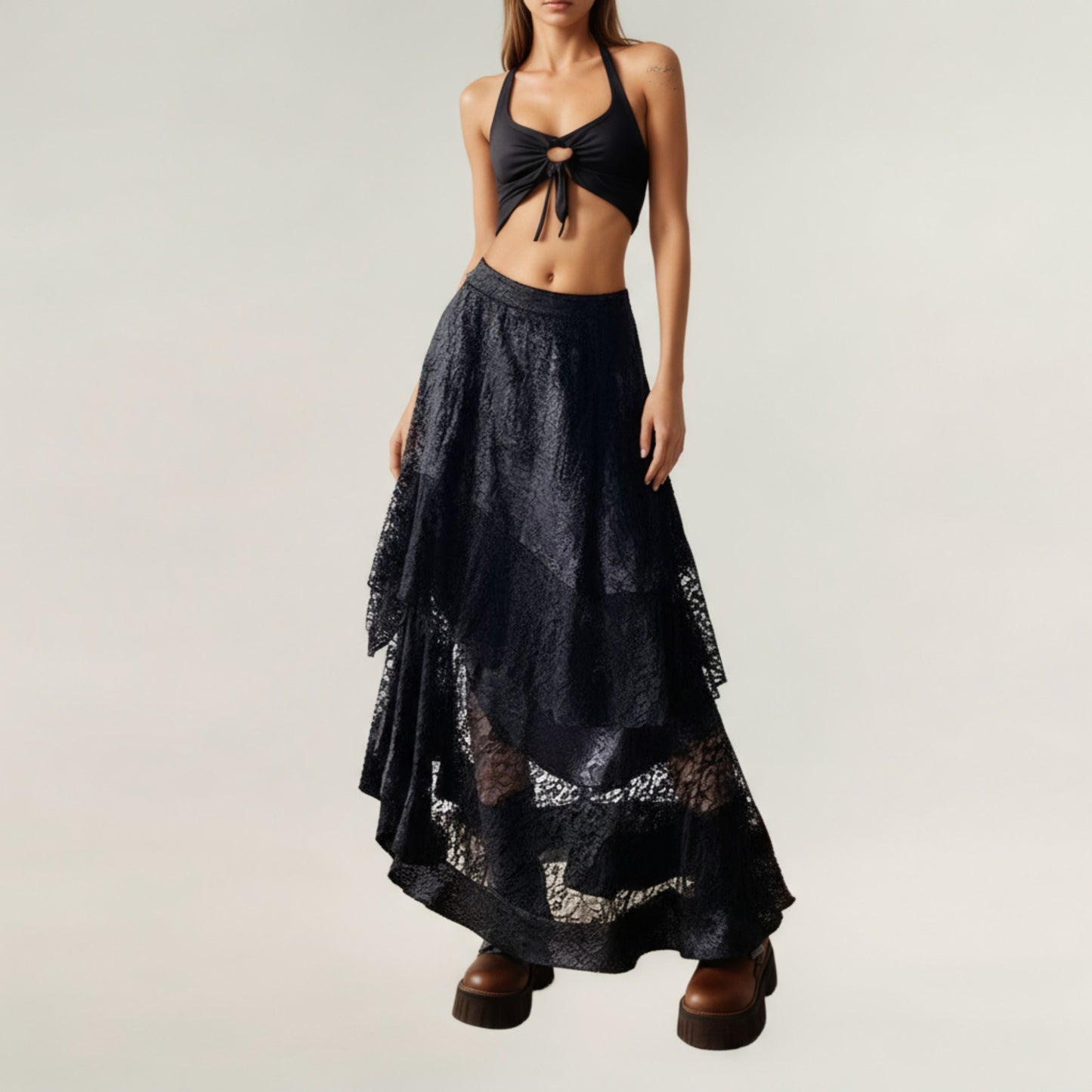 Asymmetrical Tiered Lace Maxi Skirt with Sheer Layered Hem and Flowy Silhouette