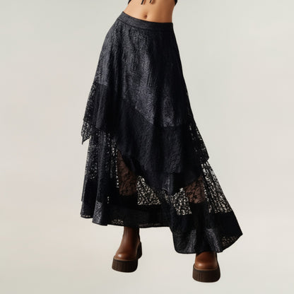 Asymmetrical Tiered Lace Maxi Skirt with Sheer Layered Hem and Flowy Silhouette