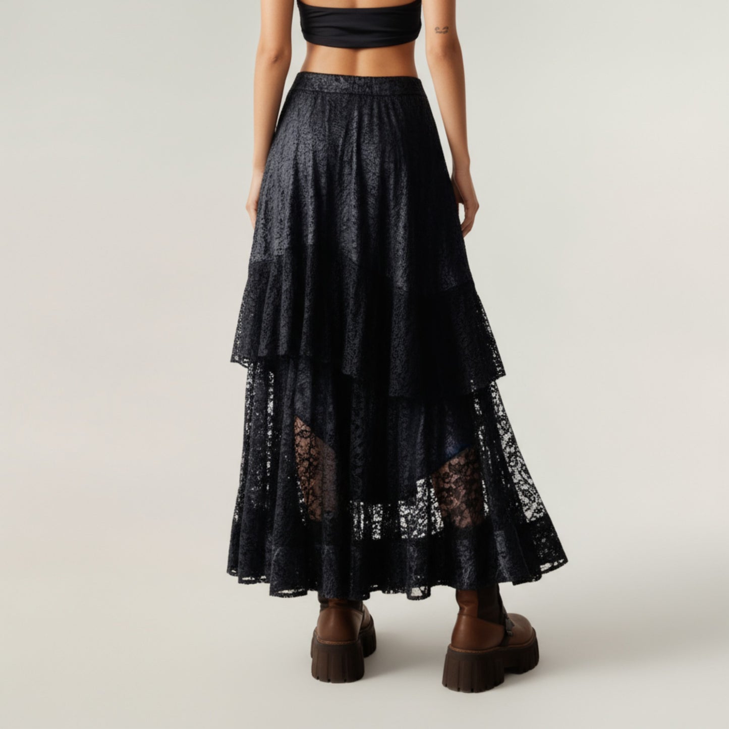 Asymmetrical Tiered Lace Maxi Skirt with Sheer Layered Hem and Flowy Silhouette