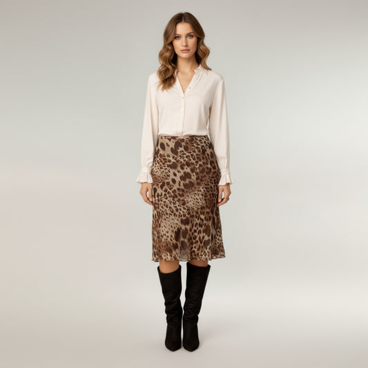 Leopard Print Midi Skirt with Bias Cut and Silky Satin Finish