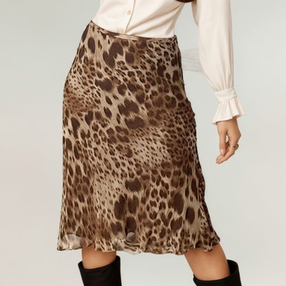 Leopard Print Midi Skirt with Bias Cut and Silky Satin Finish