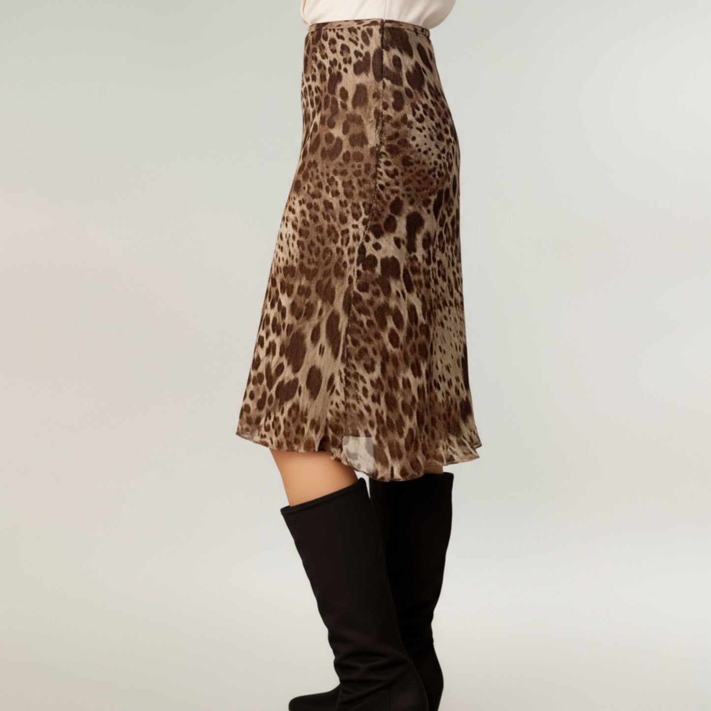 Leopard Print Midi Skirt with Bias Cut and Silky Satin Finish