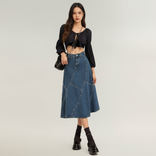 High Waist Denim Midi Skirt with Patchwork Seam Detailing and Flared Silhouette