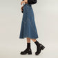 High Waist Denim Midi Skirt with Patchwork Seam Detailing and Flared Silhouette