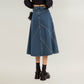 High Waist Denim Midi Skirt with Patchwork Seam Detailing and Flared Silhouette