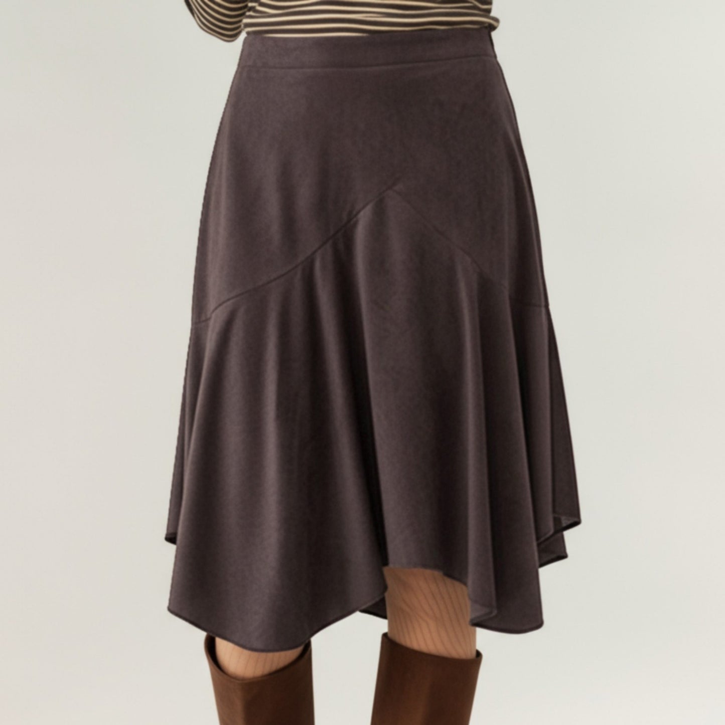 Asymmetrical Midi Skirt with Flowy Hem and Soft Suede-Like Fabric