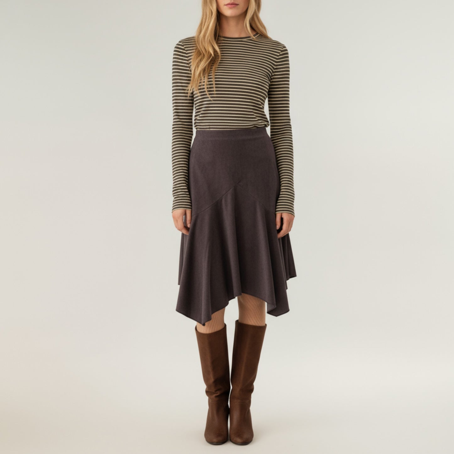 Asymmetrical Midi Skirt with Flowy Hem and Soft Suede-Like Fabric