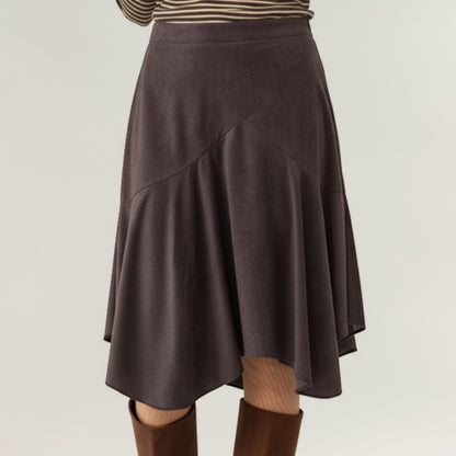 Asymmetrical Midi Skirt with Flowy Hem and Soft Suede-Like Fabric