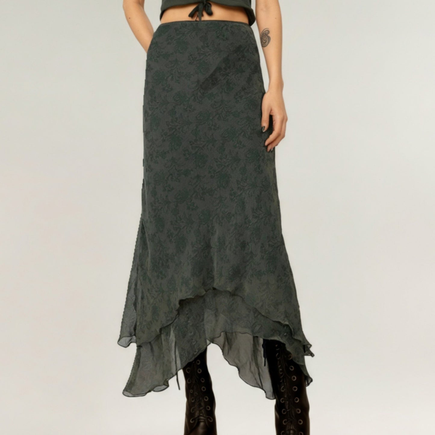 High Low Asymmetrical Midi Skirt with Layered Chiffon Hem and Subtle Floral Jacquard Pattern
