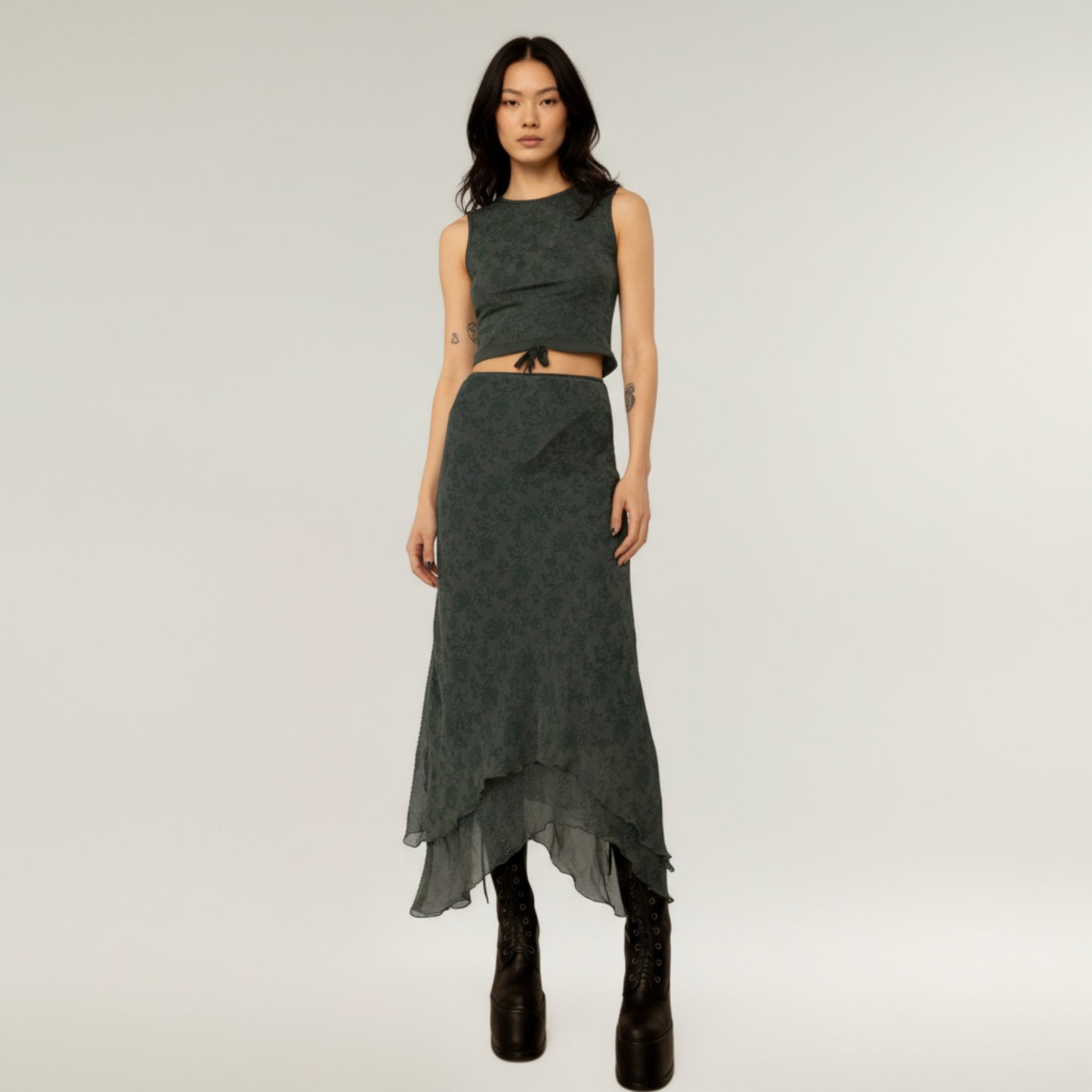 High Low Asymmetrical Midi Skirt with Layered Chiffon Hem and Subtle Floral Jacquard Pattern