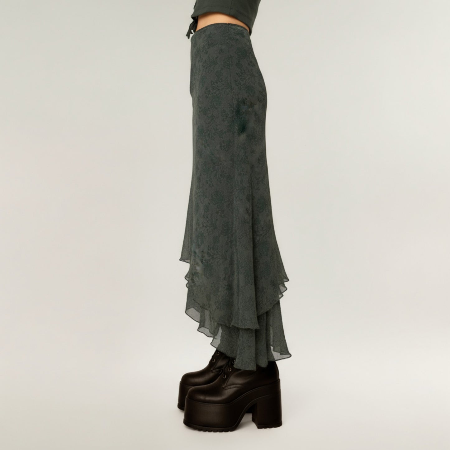 High Low Asymmetrical Midi Skirt with Layered Chiffon Hem and Subtle Floral Jacquard Pattern